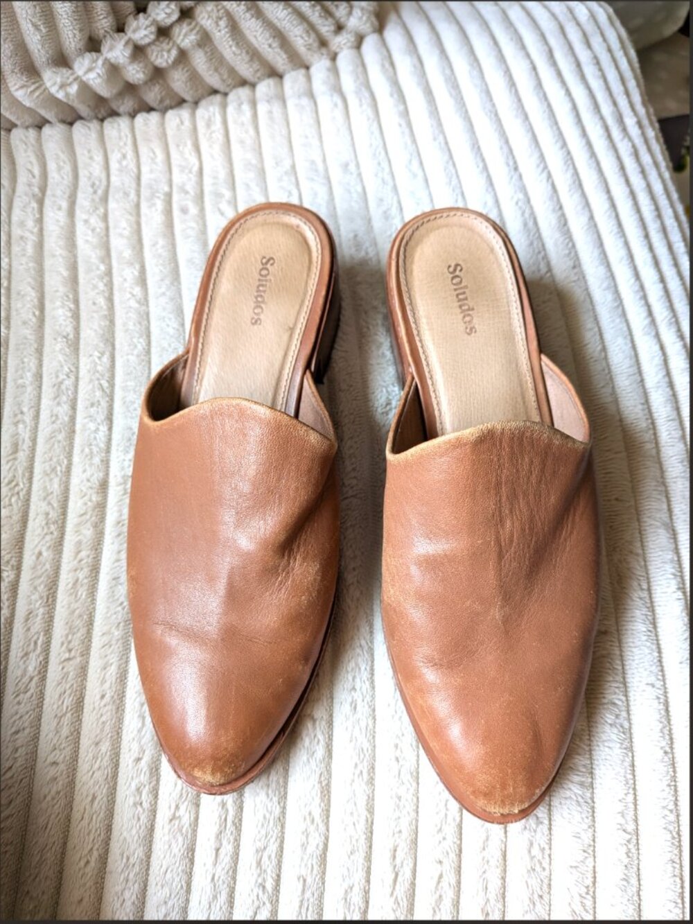 Soludos Tan Leather Venetian Mule Pointed Toe Stacked Block Heel Slides sz 7